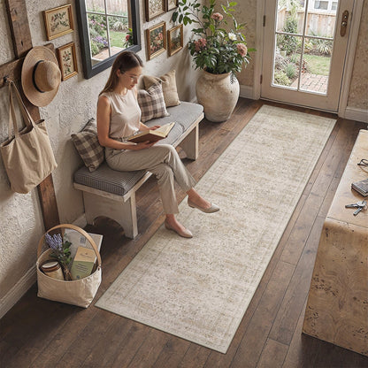 2.6'x10' Washable Runner Rug Beige Vintage Rug for Hallway (Light Beige / 2'7" x 10' (Runner))