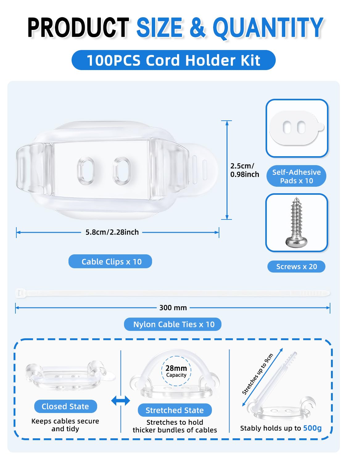 10 Pack Adhesive Cable Clips (Transparent)