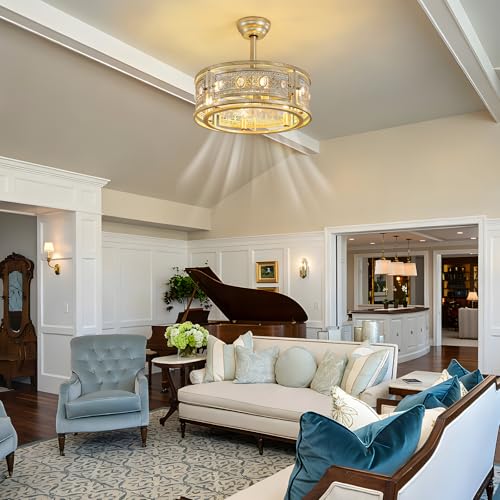 Farmhouse Fandelier Ceiling Fan with Lights 19 Inch Gold Rustic Vintage Crystal Ceiling Fan Antique Fandelier Semi Flush Mount Bladeless Chandelier Fan for Bedroom Living Room Dining Room (Gold / Downrod)