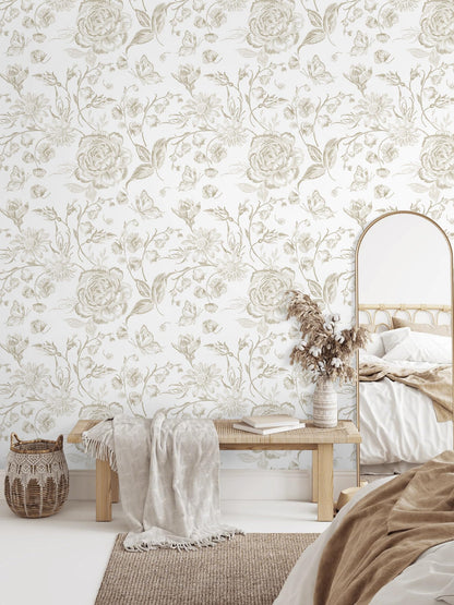 Floral Peel and Stick Wallpaper Boho Beige Contact Paper Neutral Farmhouse Vintage Wall Paper Removable Self Adhesive Wallpaper Bedroom Cabinet Bathroom Waterproof Vinyl Roll 17.3" x 78.7" (Beige and White / 17.3" x 78")