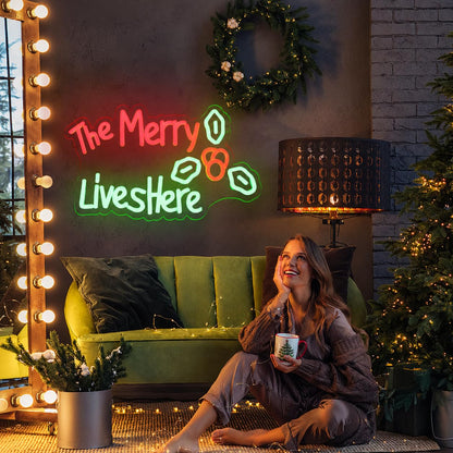 The Merry Lives Here Neon Merry Christmas Neon Sign for Wall Decor Party Christmas Led Sign Window Decorations Winter Xmas Decor Wall Front Door Indoor Outdoor Decor (Green, Merry)