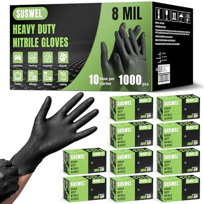 HEAVY DUTY 8 Mil Black Nitrile Gloves Disposable Latex Free Raised Diamond Textured Industrial Mechanic Gloves 1000PCs