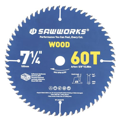 7-1/4" 60T Thin Kerf Circular Saw Blade Woodworking Fine Finish (7-1/4 In 60T)