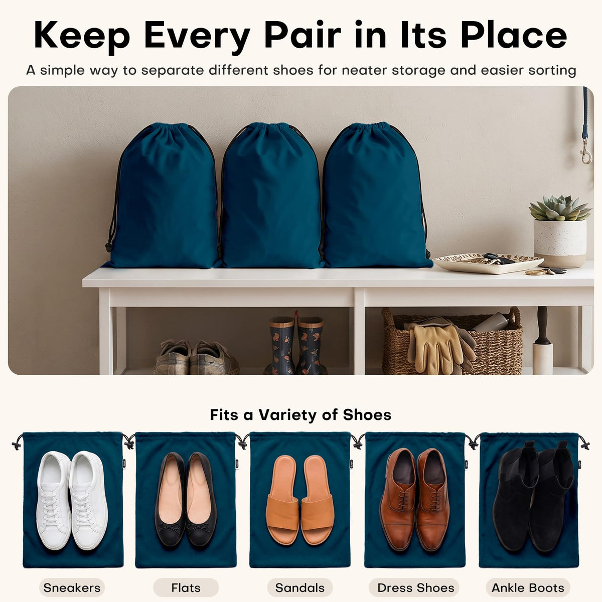 4 Pack Velvet Cloth Shoe Bags for Travel & Packing for Women & Men (Navy Blue)