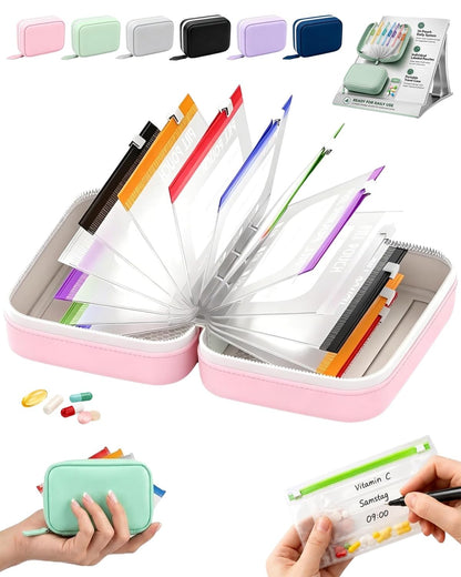 Waterproof Pill Organizer Pill Pouches for Travel 14 PCS Zippered Bags (Pink)