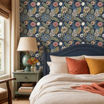 Vintage Dark Blue Boho Floral Peel and Stick Wallpaper 17.4"x118" (Blue with Pink / 17.4" x 118")