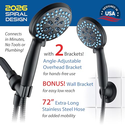 Seen-On-TV High Pressure 8-mode Handheld Shower Head - 2-mode Power Wash to Clean Tub, Tile & Pets, Stay-Clean Nozzles, Extra Long 6 ft. Stainless Steel Hose, Wall & Overhead Brackets