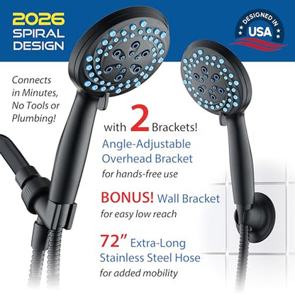 Seen-On-TV High Pressure 8-mode Handheld Shower Head - 2-mode Power Wash to Clean Tub, Tile & Pets, Stay-Clean Nozzles, Extra Long 6 ft. Stainless Steel Hose, Wall & Overhead Brackets