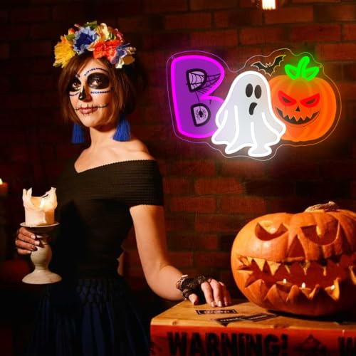 UV Printed Ghost Pumpkin Halloween Neon Sign Dimmable Cute Witch Hat Ghost LED Neon Light for Bedroom Game Room Halloween Party Home Decoration