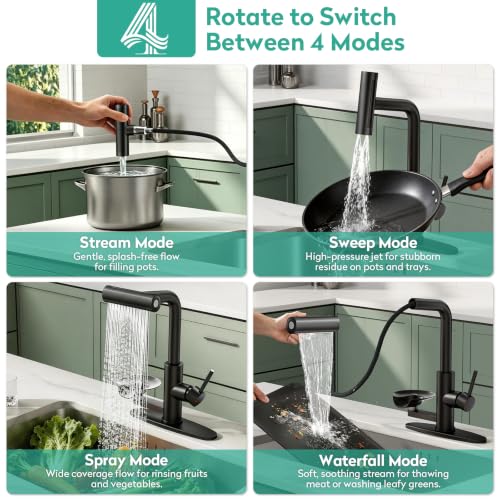 Waterfall Kitchen Faucets with Glass Rinser & Pull Down Sprayer