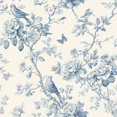 Blue Floral Bird Peel and Stick Wallpaper