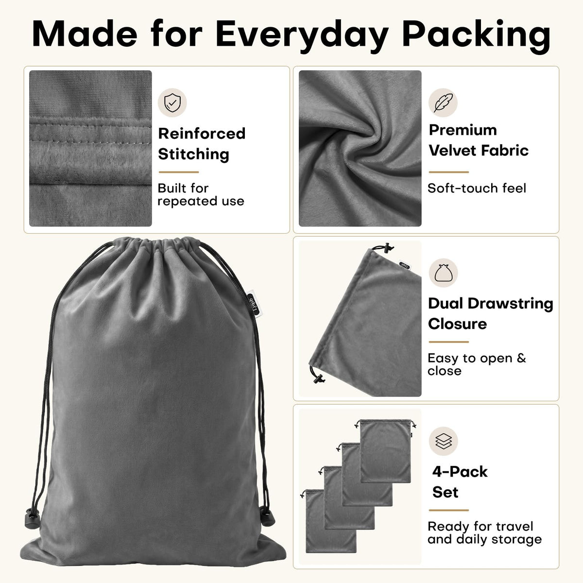 4 Pack Velvet Cloth Shoe Bags for Travel & Packing for Women & Men (Charcoal Gray)