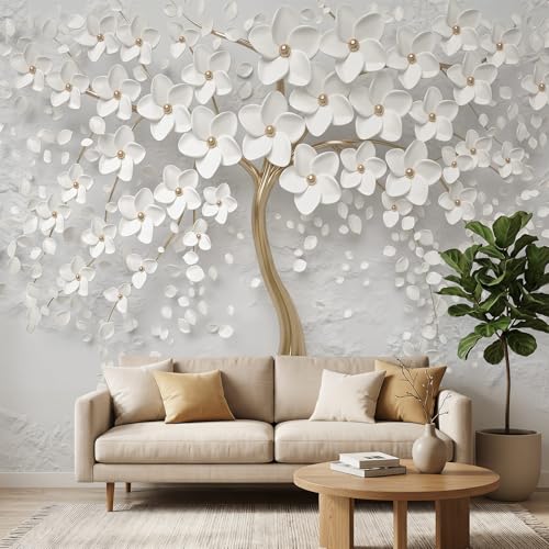 3D Flower Tree Peel and Stick Wall Mural with Gold Tree Body Self Adheisve Floral Mural Wallpaper for Living Room Bedroom Kids Room