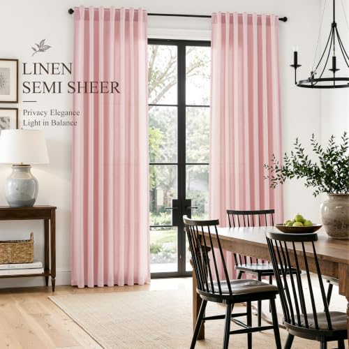 Pink Linen Curtains 90 Inches Long Drape for Living Room 2 Panels (Pink / 52"W x 90"L (Pack of 2))