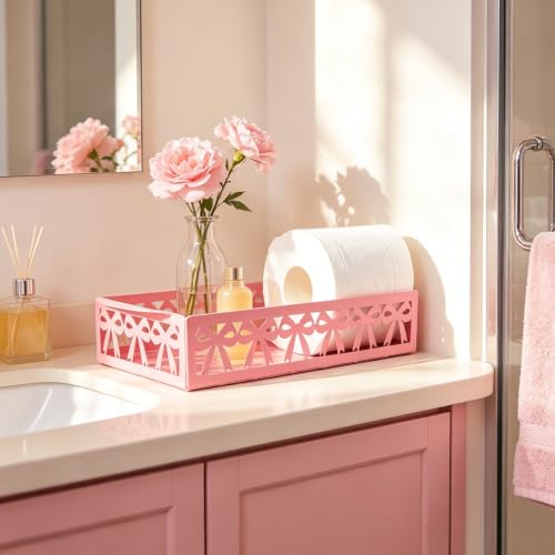 Pink Bow Bathroom Decor Toilet Paper Holder Cute Metal Toilet Tank Top Paper Basket with Handle