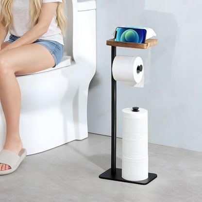 Freestanding Toilet Paper Holder Stand with Wood Shelf