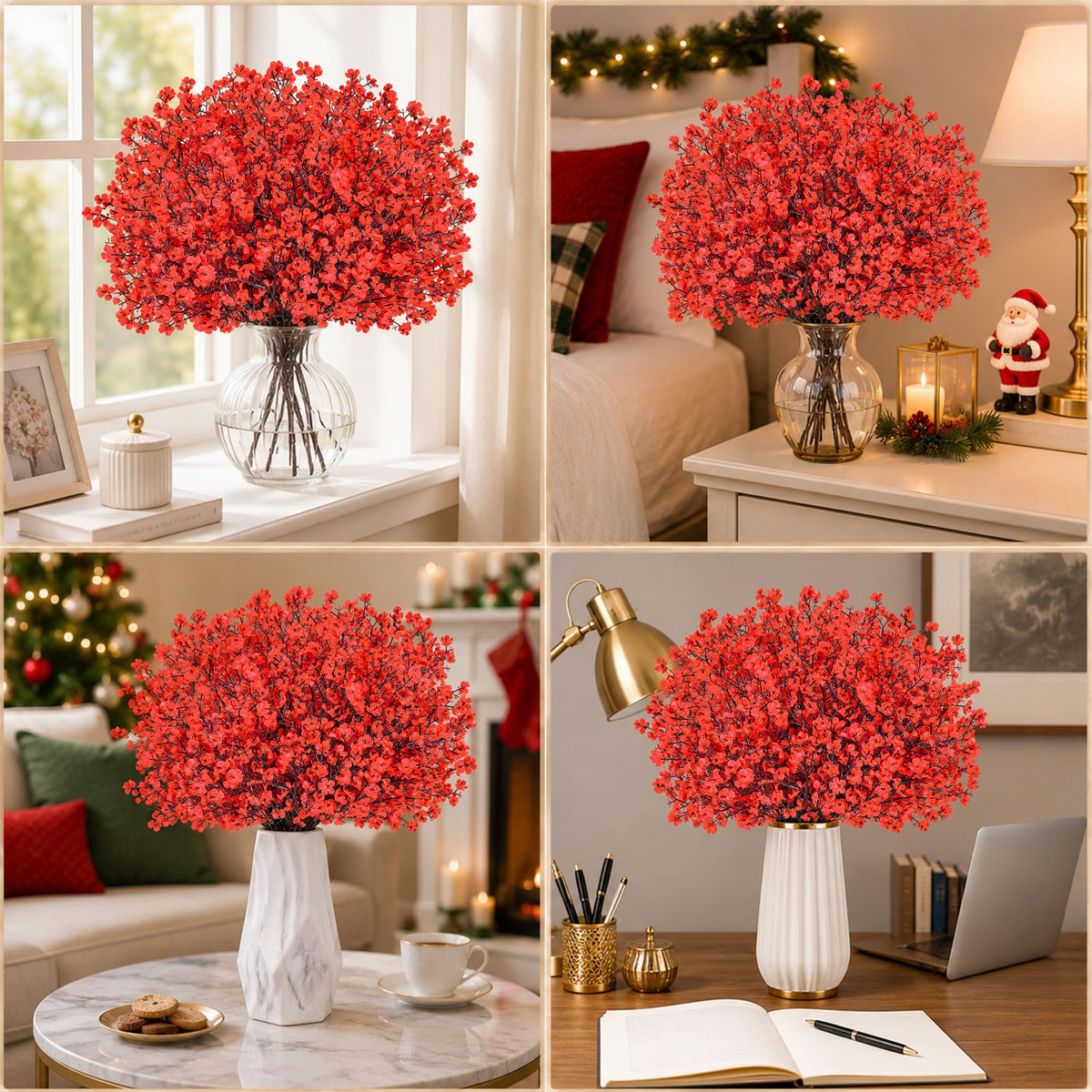 20Pcs Artificial Christmas Flowers Red Babys Breath Decoration for Home (Red)