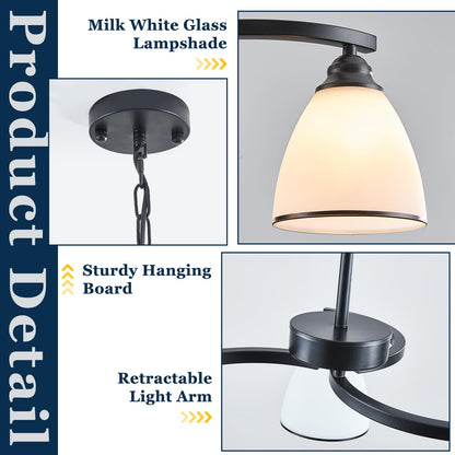 3 Lights Modern Chandelier Light Fixture Matte Black Retractable Round Chandelier Rustic Hanging Lamp Adjustable 59" Max Pendant Ceiling Light for Kitchen Island Dining Room Table Hallway (black-a / small-3 light)
