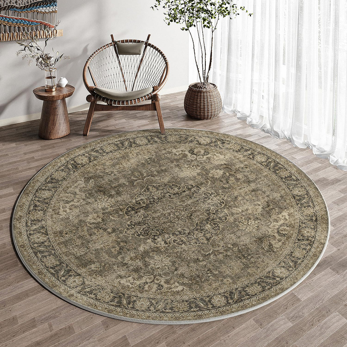 5x5 Washable Round Rug Brown Vintage Rug for Living Room (Brown/Black / 5' (Round))
