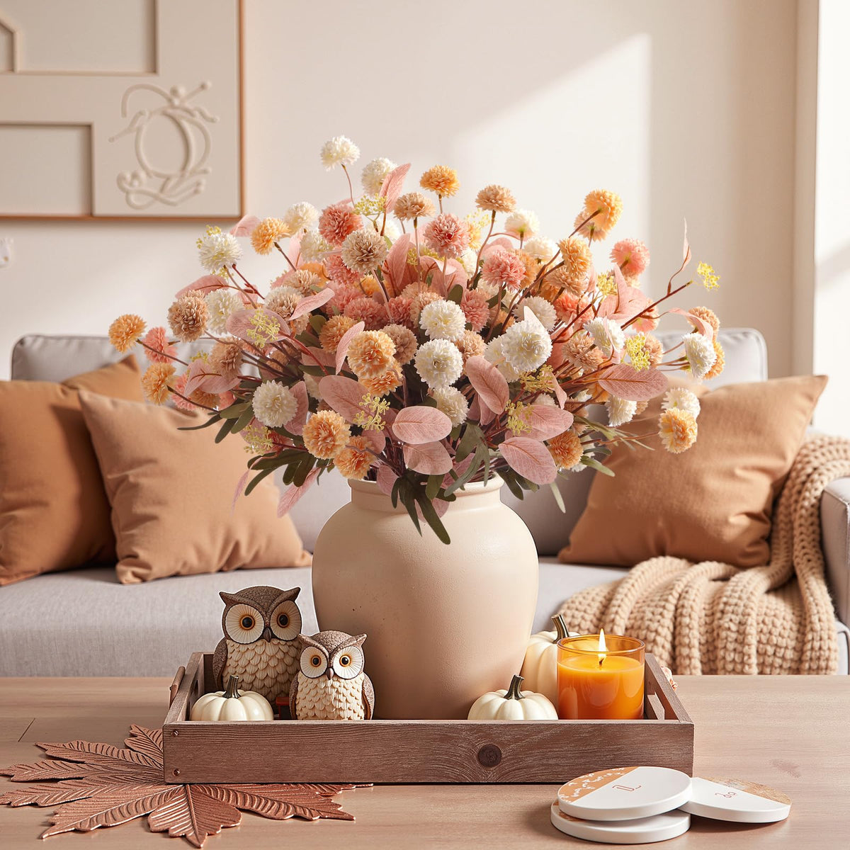 16 Pcs Faux Silk Mums with Eucalyptus (Beige Pink Orange White)