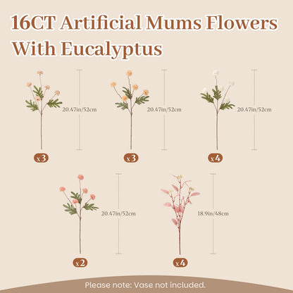 16 Pcs Faux Silk Mums with Eucalyptus (Beige Pink Orange White)