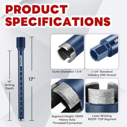 1-1/4" Core Drill Bit with Etched Depth Scale - Industrial for Reinforced Concrete, Brick Block, Masonry,1-1/4"-7 UNC,14" Drilling Depth, Precision-Welded & Aggressive Sharp 12mm Segments, Wet (1-1/4 Inch)