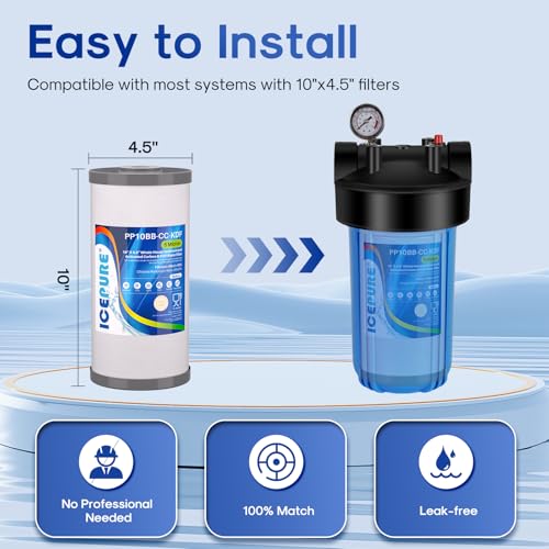 5 Micron 10" x 4.5" Whole House Sediment Activated Carbon and KDF Water Filter Compatible with GE FXHTC (PP Cotton + Activated Carbon + KDF / 3 Count (Pack of 1))
