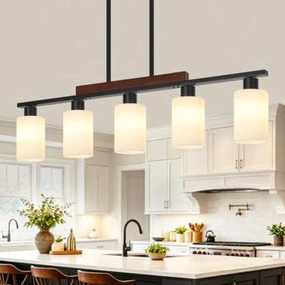 Farmhouse Island Lights for Kitchen Black Dining Room Light Fixtures Over Table with White Shade Wood Linear Chandelier Lighting with Adjustable for Kitchen Island Dining Room