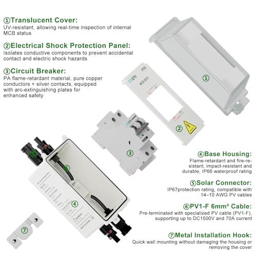CNLONQ Solar Panel Disconnect Switch 20A~63A 1000V DC PV Circuit Breaker IP66 Waterproof with Connector and Install Hook for Outdoor Home Solar Panel Systems