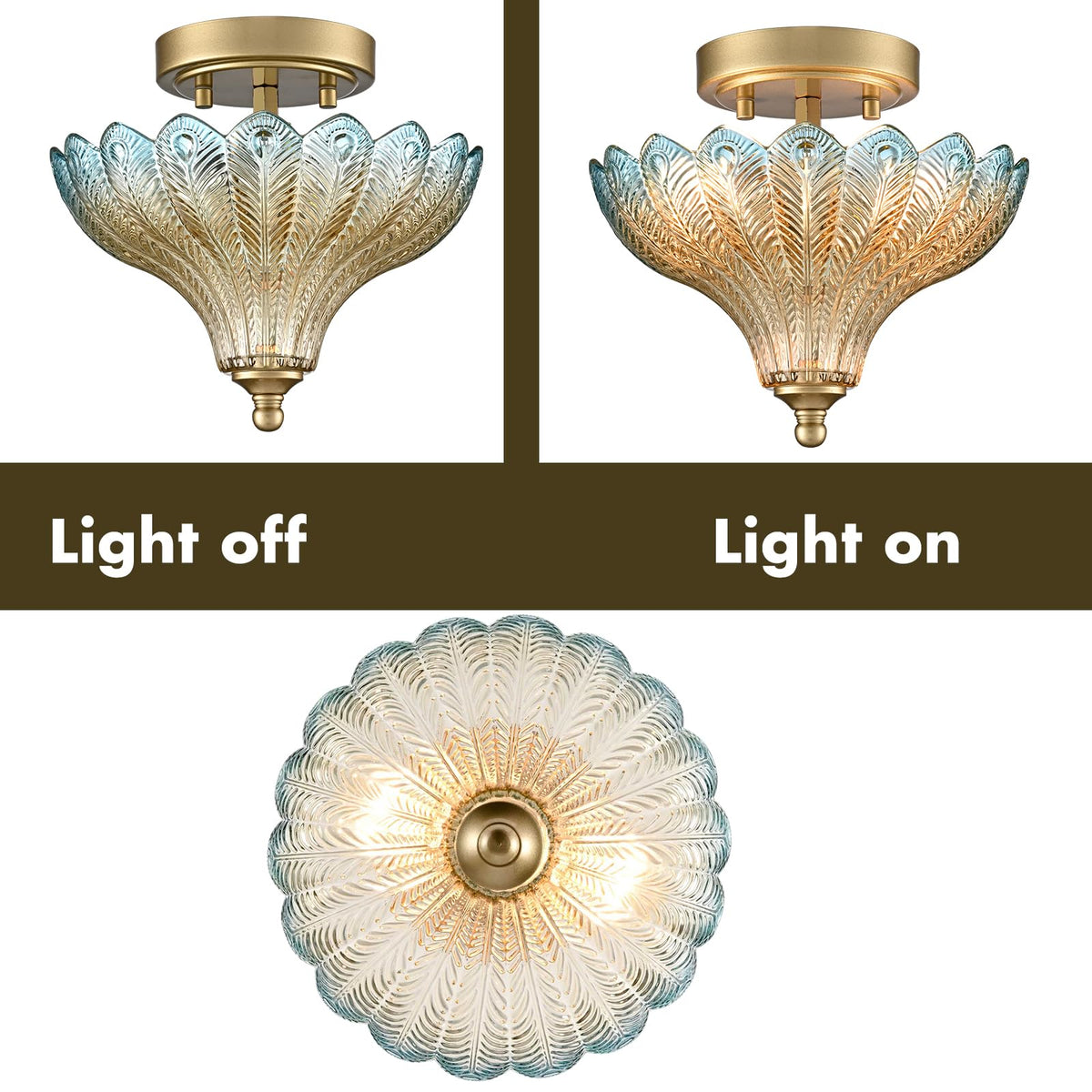 Luxury Gold Semi Flush Mount Ceiling Light Blue & Amber Shade (Gold-Blue & Amber / 9.84"W)