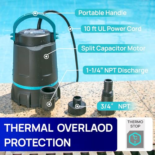 Sump Pump Submersible Water Pump Thermoplastic Portable Utility Pump High Flow Water Removal for Swimming Pool Garden Pond Basement Window Wells with 10ft Long Power Cord