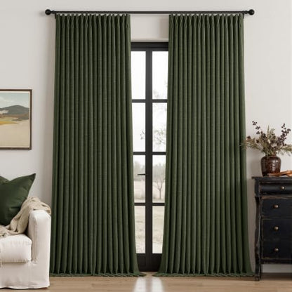 Olive Green Pleated Linen Blackout 102 Inch Loden Curtains for Living Room (Loden / 50"W x 102"L (Pack of 2))