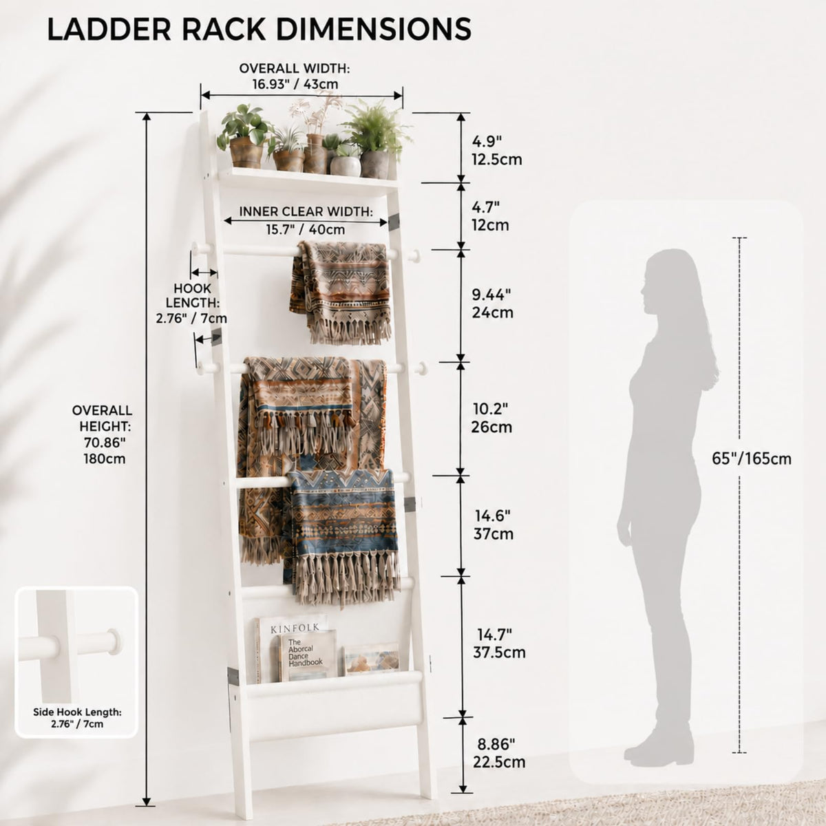 71" 4-in-1 Blanket Ladder for Living Room, 5-Tier Leaning Bamboo Decorative Towel & Quilt Rack with Magazine Leather Pocket, 4 Detachable Hanging Bars, Space-Saving Shelf for Bedroom (White) (White)