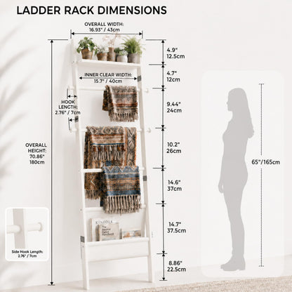 71" 4-in-1 Blanket Ladder for Living Room, 5-Tier Leaning Bamboo Decorative Towel & Quilt Rack with Magazine Leather Pocket, 4 Detachable Hanging Bars, Space-Saving Shelf for Bedroom (White) (White)