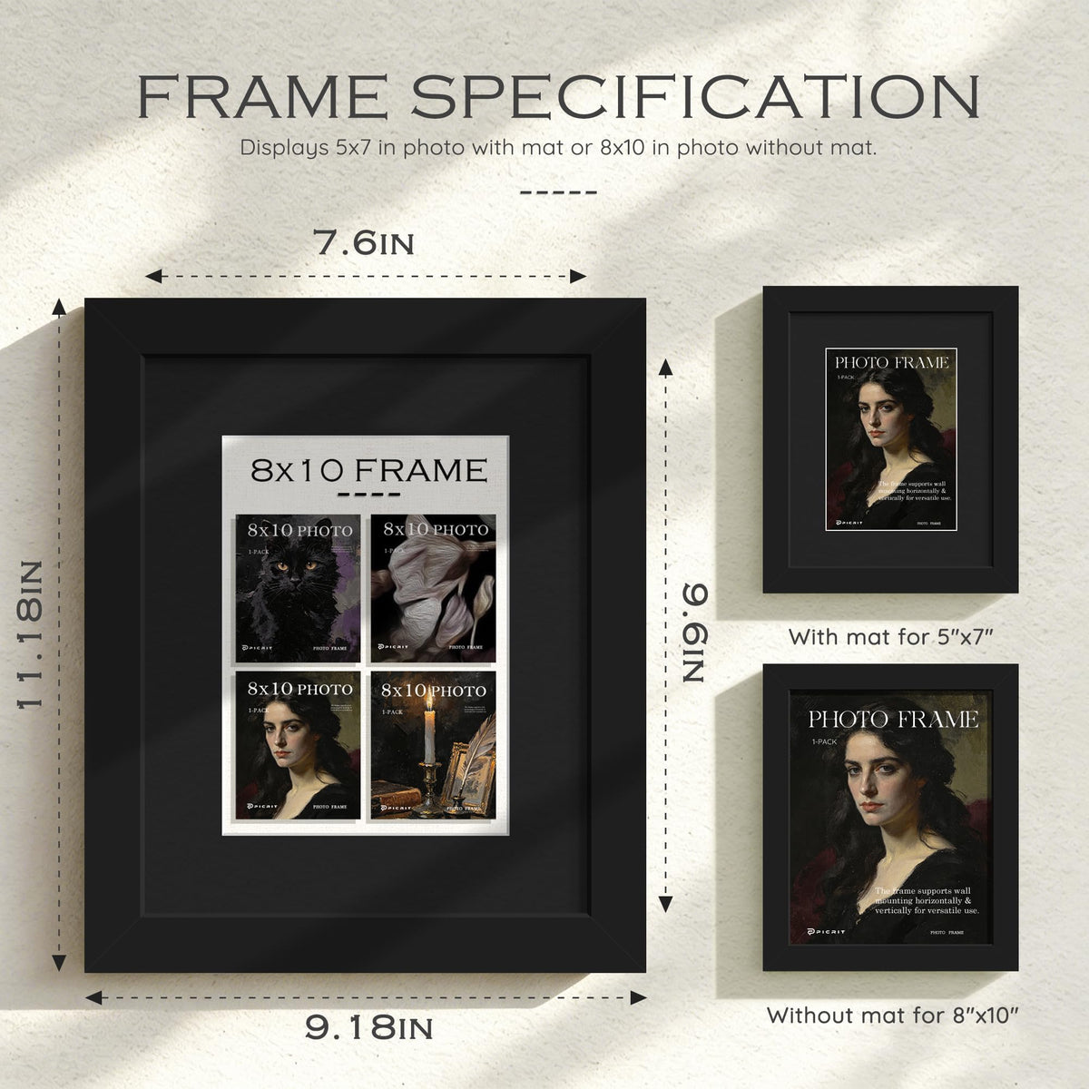 8x10 Black Wooden Picture Frame (Black Frame Black Mat / 8x10)