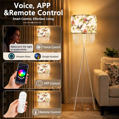 Smart Tripod Floor Lamp with Fabric Shade & Acrylic Droplets