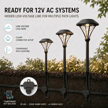 Pathway Lights Low Voltage Outdoor Landscape Lighting 1W 60 Lumen 3000K 12V AC Path Lights Warm White Light with Connector Spike Stake for Garden Yard Driveway Lawn