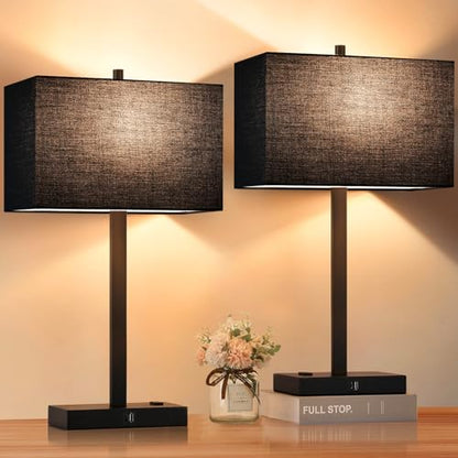 21" Set of 2 Touch Control Table Lamps with 2 USB & AC Outlets