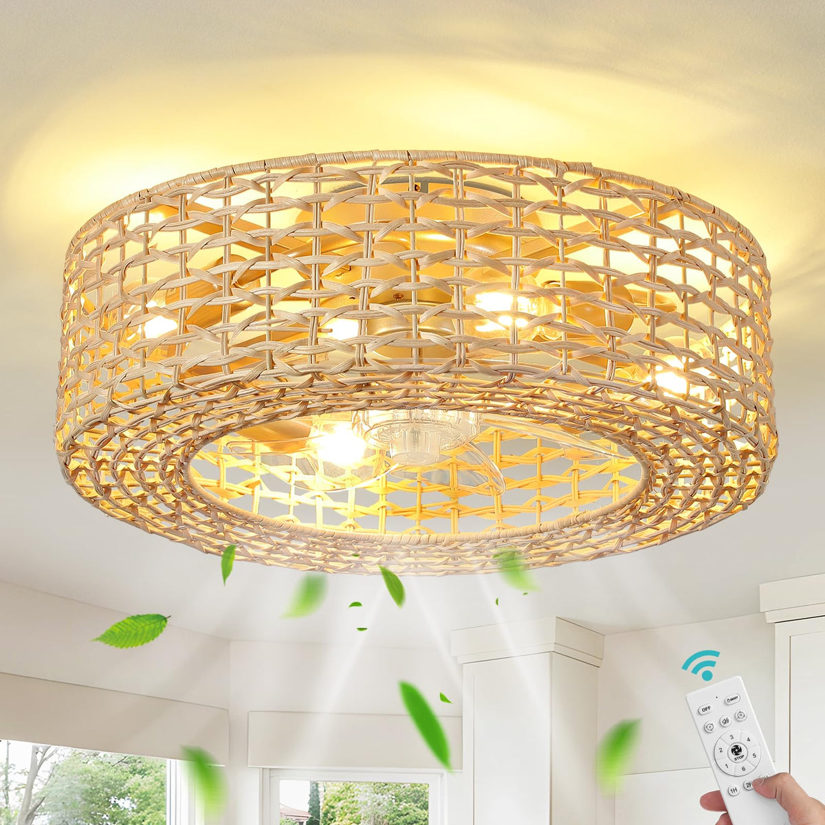 Boho Caged Low Profile Ceiling Fan with Light 19" Fandelier Flush Mount (19.3in-C)