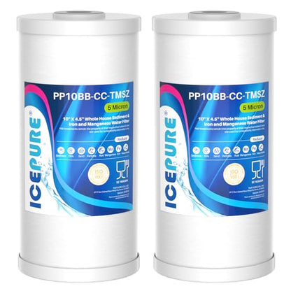 5 Micron 10" x 4.5" Whole House Sediment and Iron Manganese Resin Water Filter Compatible with GE FXHTC (PP Cotton + Iron Manganese Resin / 2 Count (Pack of 1))
