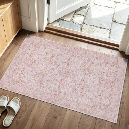 Entryway Rug 2x3 Washable Vintage Floral Rug (Blush Pink / 2' x 3' (Rectangular))