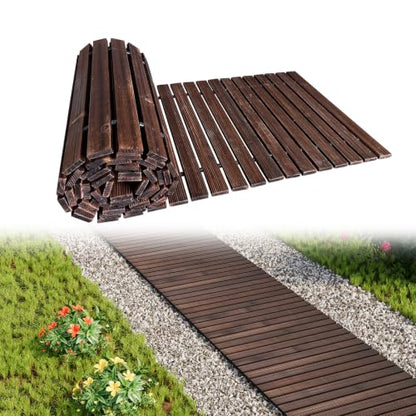 12FT Wooden Garden Parhway Walkway 25" W Oversize Outdoor Roll Out DecorativePatio Path Pavers Flooring Non (Carbonized / 12FT-Straight)