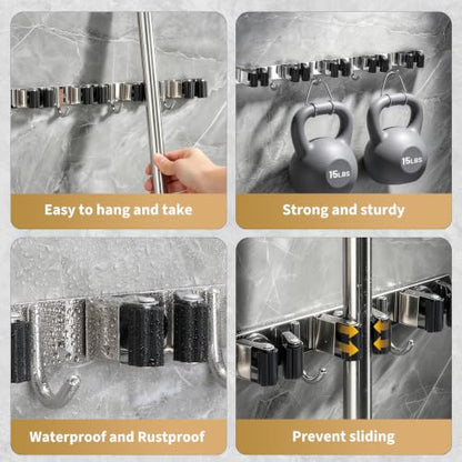 5 Racks 4 Hooks Mop and Broom Holder Wall Mount