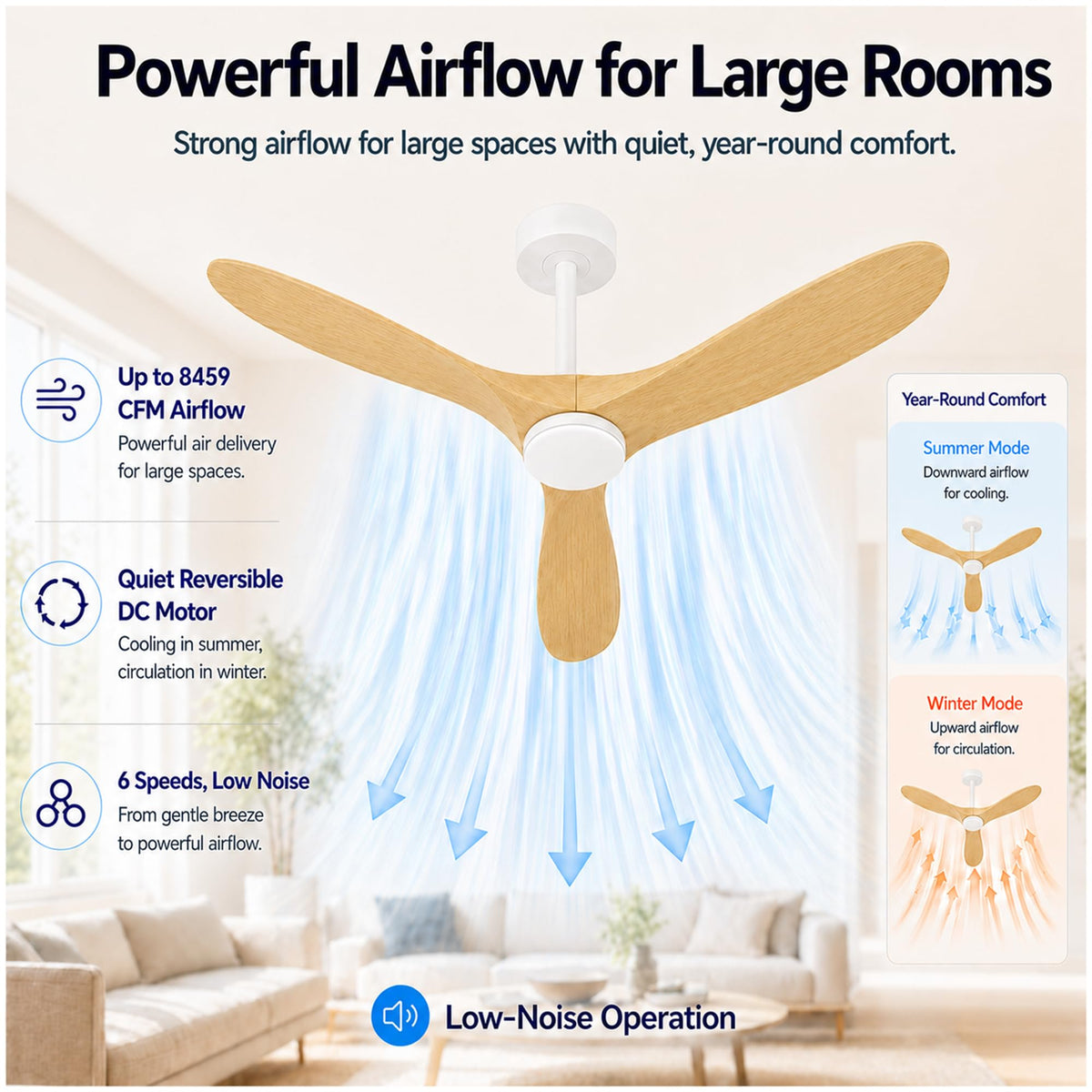 60" Ceiling Fan with Light (White/Light Oak / 60 Inches)