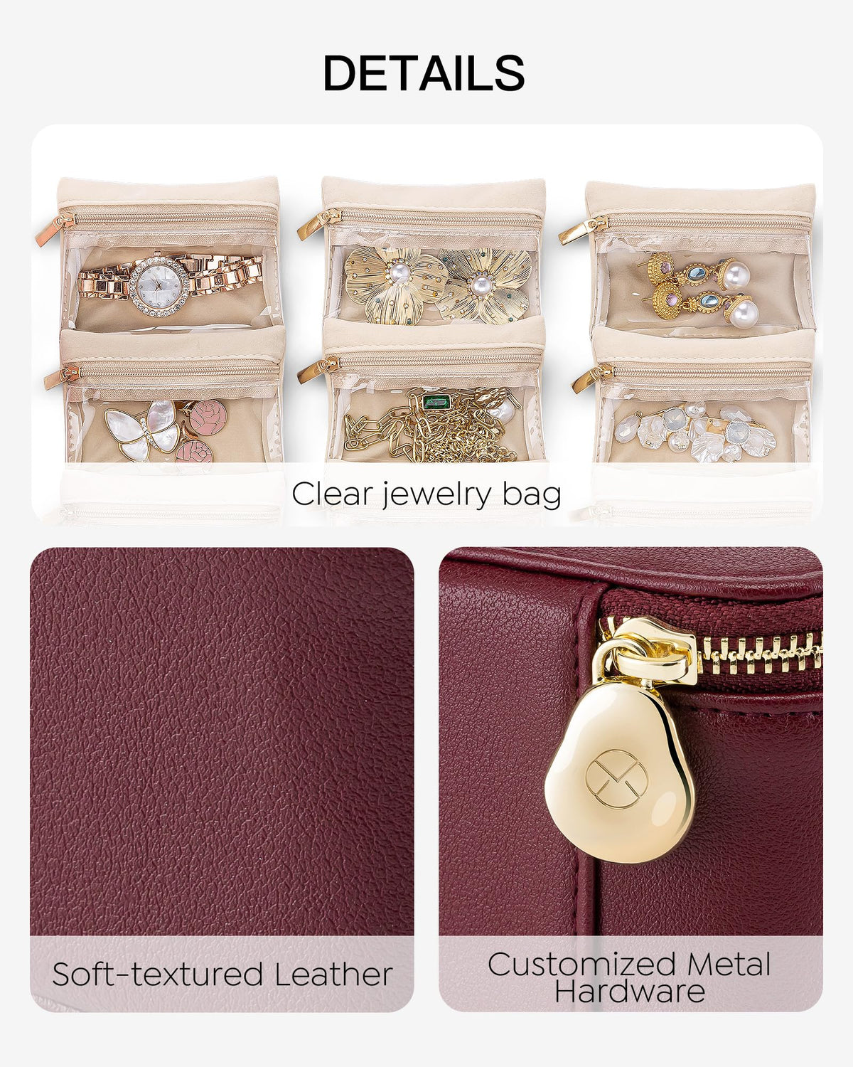 Jewelry Organizers and Storage with 6 Clear Velvet Zipper Poucs (B.6 PCS Red)