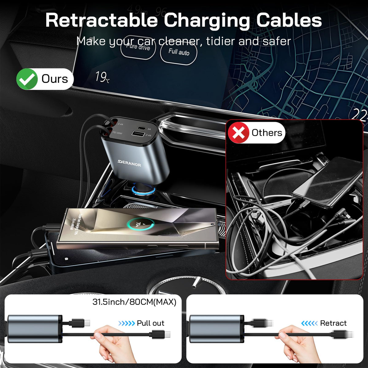 2 Pack] Retractable Car Charger 4 in 1 Fast Car Phone Charger 69W (2 Pack C + C Retractable Cords)