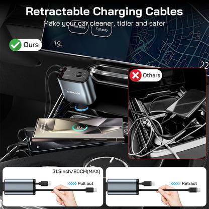 2 Pack] Retractable Car Charger 4 in 1 Fast Car Phone Charger 69W (2 Pack C + C Retractable Cords)