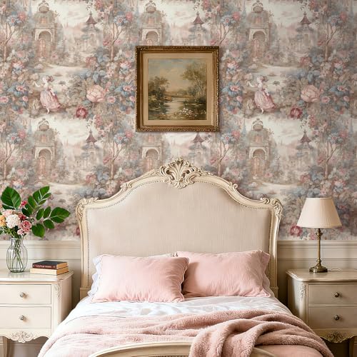 French Wallpaper Peel and Stick Vintage Cottage Core Floral Toile Wallpaper
