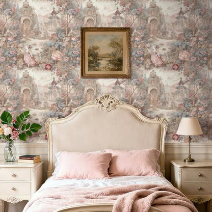 French Wallpaper Peel and Stick Vintage Cottage Core Floral Toile Wallpaper