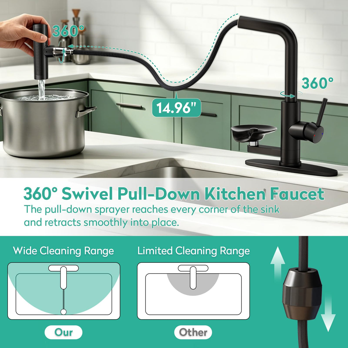 Waterfall Kitchen Faucet with Pull Down Sprayer & Cup Washer (Black)